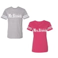 thumbnail image 1 of Mr. Mrs. Brown Unisex Couple Matching Cotton Jersey style T-Shirt Contrasting stripes on sleeves (Men Heather / Women Pink) (Men XL / Women XL), 1 of 3