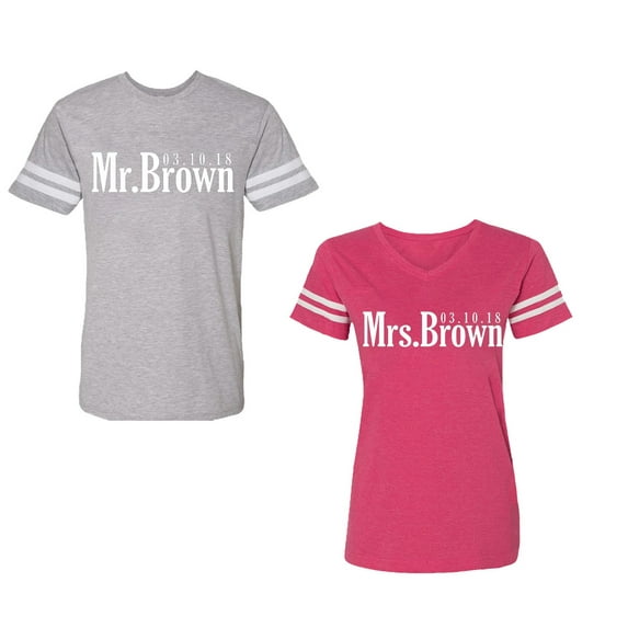 Mr. Mrs. Brown Unisex Couple Matching Cotton Jersey style T-Shirt Contrasting stripes on sleeves (Men Heather / Women Pink) (Men XL / Women XL)