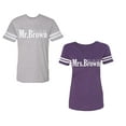 thumbnail image 1 of Mr. Mrs. Brown Unisex Couple Matching Cotton Jersey style T-Shirt Contrasting stripes on sleeves (Men Heather / Women Purple) (Men L / Women XXL), 1 of 3