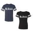 thumbnail image 1 of Mr. Mrs. Brown Unisex Couple Matching Cotton Jersey style T-Shirt Contrasting stripes on sleeves (Men Navy / Women Black) (Men XL / Women XXL), 1 of 3