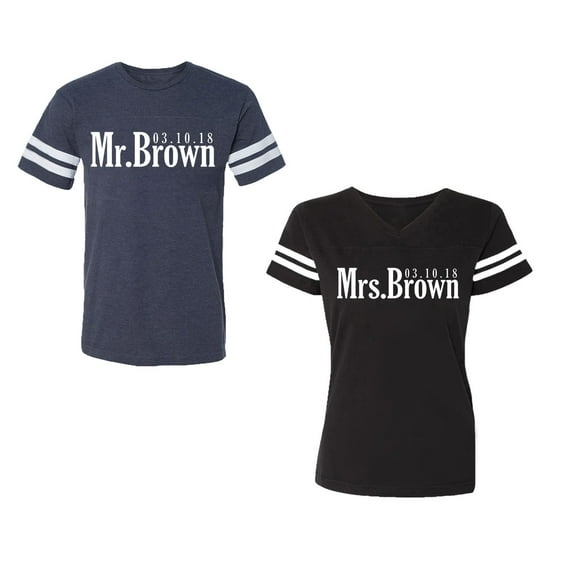 Mr. Mrs. Brown Unisex Couple Matching Cotton Jersey style T-Shirt Contrasting stripes on sleeves (Men Navy / Women Black) (Men XXL / Women M)