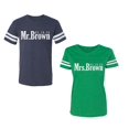 thumbnail image 1 of Mr. Mrs. Brown Unisex Couple Matching Cotton Jersey style T-Shirt Contrasting stripes on sleeves (Men Navy / Women Green) (Men XXL / Women S), 1 of 3