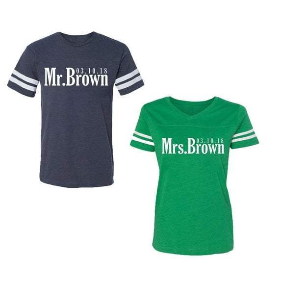 Mr. Mrs. Brown Unisex Couple Matching Cotton Jersey style T-Shirt Contrasting stripes on sleeves (Men Navy / Women Green) (Men XXL / Women S)