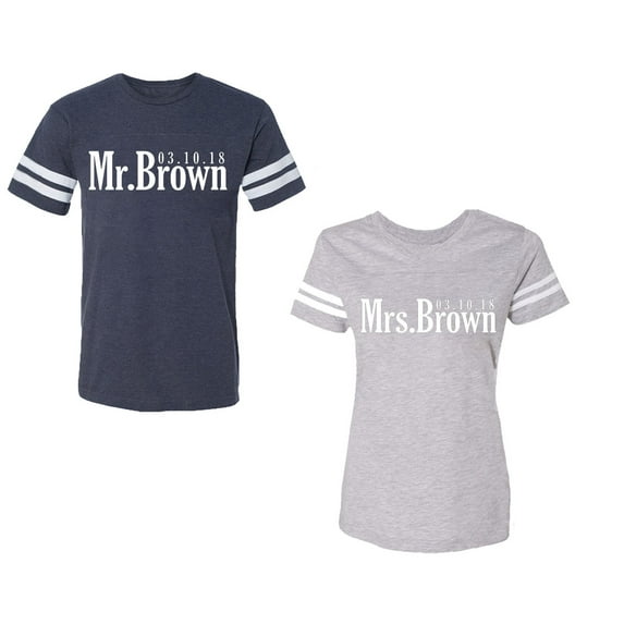 Mr. Mrs. Brown Unisex Couple Matching Cotton Jersey style T-Shirt Contrasting stripes on sleeves (Men Navy / Women Heather) (Men L / Women S)