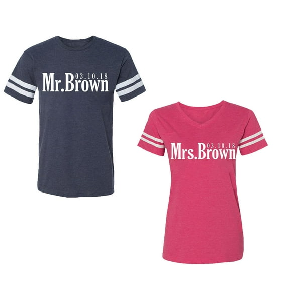 Mr. Mrs. Brown Unisex Couple Matching Cotton Jersey style T-Shirt Contrasting stripes on sleeves (Men Navy / Women Pink) (Men M / Women L)