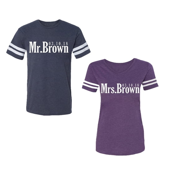 Mr. Mrs. Brown Unisex Couple Matching Cotton Jersey style T-Shirt Contrasting stripes on sleeves (Men Navy / Women Purple) (Men XXL / Women M)