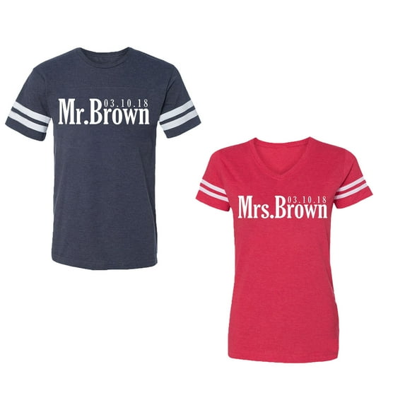 Mr. Mrs. Brown Unisex Couple Matching Cotton Jersey style T-Shirt Contrasting stripes on sleeves (Men Navy / Women Red) (Men XXXL / Women XXL)