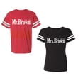 thumbnail image 1 of Mr. Mrs. Brown Unisex Couple Matching Cotton Jersey style T-Shirt Contrasting stripes on sleeves (Men Red / Women Black) (Men L / Women XL), 1 of 3