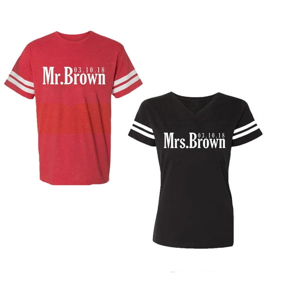 Mr. Mrs. Brown Unisex Couple Matching Cotton Jersey style T-Shirt Contrasting stripes on sleeves (Men Red / Women Black) (Men XL / Women S)