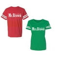 thumbnail image 1 of Mr. Mrs. Brown Unisex Couple Matching Cotton Jersey style T-Shirt Contrasting stripes on sleeves (Men Red / Women Green) (Men XXXL / Women XXL), 1 of 3