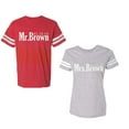 thumbnail image 1 of Mr. Mrs. Brown Unisex Couple Matching Cotton Jersey style T-Shirt Contrasting stripes on sleeves (Men Red / Women Heather) (Men S / Women XL), 1 of 3