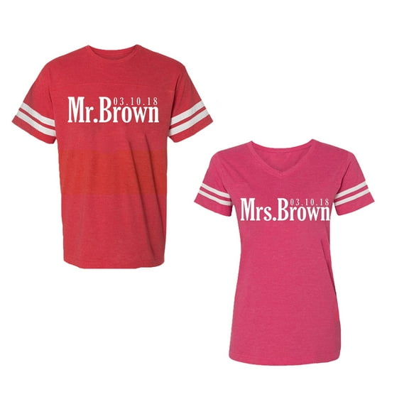 Mr. Mrs. Brown Unisex Couple Matching Cotton Jersey style T-Shirt Contrasting stripes on sleeves (Men Red / Women Pink) (Men S / Women XL)