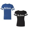 thumbnail image 1 of Mr. Mrs. Brown Unisex Couple Matching Cotton Jersey style T-Shirt Contrasting stripes on sleeves (Men Royal / Women Black) (Men XXXL / Women XXL), 1 of 3