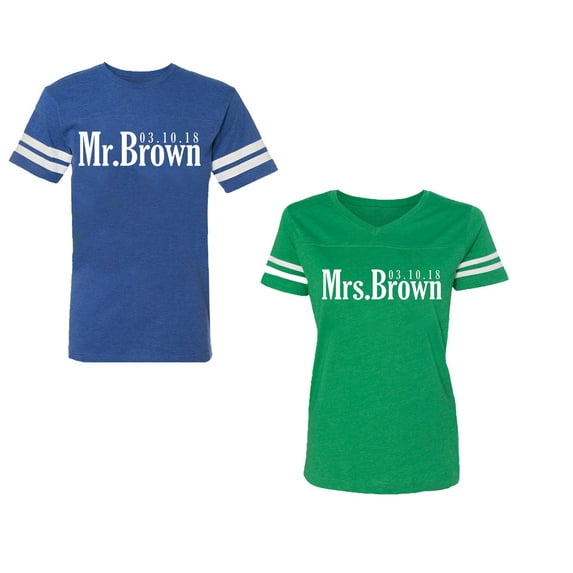 Mr. Mrs. Brown Unisex Couple Matching Cotton Jersey style T-Shirt Contrasting stripes on sleeves (Men Royal / Women Green) (Men L / Women XL)