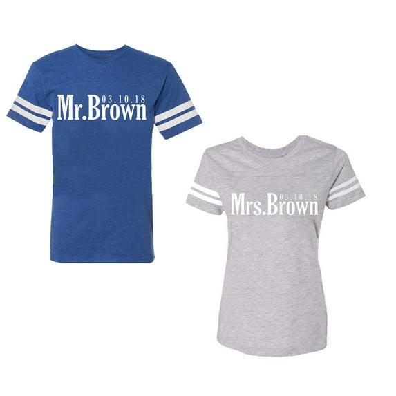 Mr. Mrs. Brown Unisex Couple Matching Cotton Jersey style T-Shirt Contrasting stripes on sleeves (Men Royal / Women Heather) (Men M / Women L)