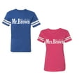 thumbnail image 1 of Mr. Mrs. Brown Unisex Couple Matching Cotton Jersey style T-Shirt Contrasting stripes on sleeves (Men Royal / Women Pink) (Men L / Women XXL), 1 of 3