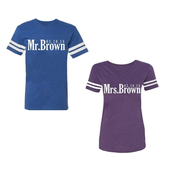 Mr. Mrs. Brown Unisex Couple Matching Cotton Jersey style T-Shirt Contrasting stripes on sleeves (Men Royal / Women Purple) (Men L / Women M)