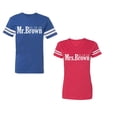 thumbnail image 1 of Mr. Mrs. Brown Unisex Couple Matching Cotton Jersey style T-Shirt Contrasting stripes on sleeves (Men Royal / Women Red) (Men XL / Women M), 1 of 3