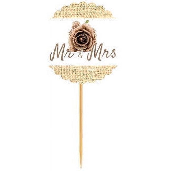 Mr & Mrs Burlap Rose Rustic Burlap Wedding Cupcake Decoration Topper Food Picks