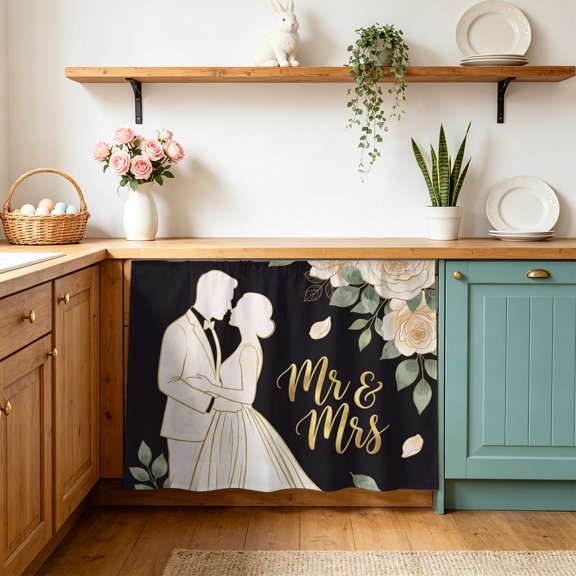 Mr Mrs Cabinet Curtains 11" W x 13" L Anniversary Wedding Bride and Groom Silhouette Waterproof Adhesive Kitchen Under Sink Curtain Dust-Proof Dishwasher Skirt for Closet