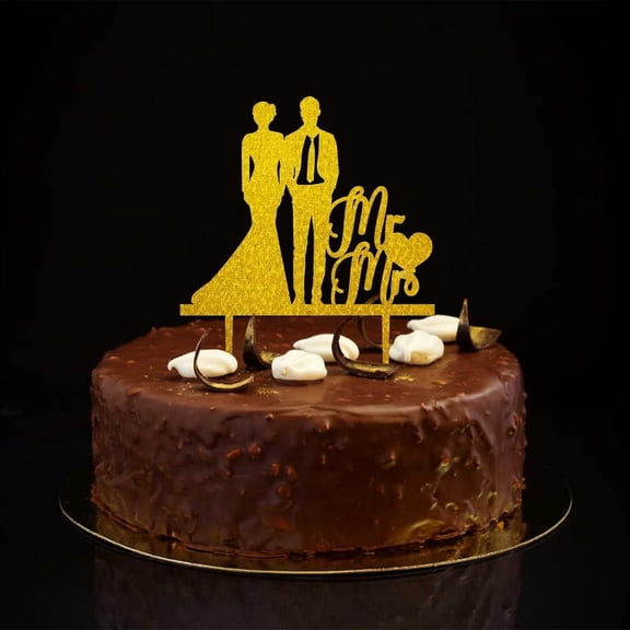 Mr & Mrs Cake Topper Glitter Gold Silhouette Personalized Surname Est Date Elegant Bride And Groom Cake Topper For Engagement Bride to Be Party Supplies Wedding Gifts For Couple