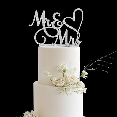 Mr and Mrs Cake Topper, Wedding Cake Toppers Bride and Groom, Wedding Cakes Decorations, Gold Acrylic Topper for Weding, Engagement, Anniversary (Silver)