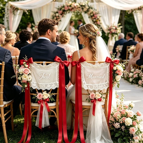 Mr and Mrs Chair Decor 17.72 x 13 Inch Set of 2 for Sweetheart Table, Personalized Just Married Lace Wedding Chair Signs, Custom Bride and Groom Chair Cover for Ceremony Reception, Red
