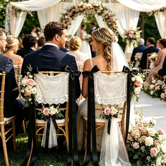Mr and Mrs Chair Decor 17.72 x 13 Inch Set of 2 for Sweetheart Table, Personalized Just Married Lace Wedding Chair Signs, Custom Bride and Groom Chair Cover for Ceremony Reception, Black