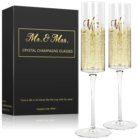 Mr & Mrs Champagne Flutes Set of 2, 210ml Engraved Couple Glasses for Engagement, Wedding & Anniversary Gifts, Elegant Crystal Glassware for Prosecco, Sparkling Wine, Celebrations