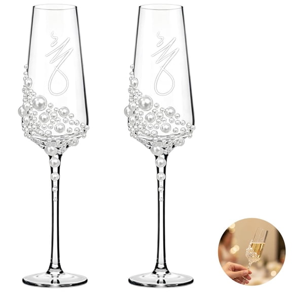 Mr & Mrs Champagne Flutes Set of 2  Clear Crystal Glass Stemmed Toasting Glasses with Faux Pearl Decor, Ideal for Wedding, Anniversary, Engagement, Bridal Shower & Gift