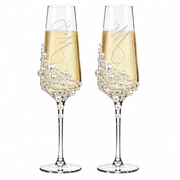 Mr & Mrs Champagne Flutes Set of 2 Clear Crystal Glass Stemmed Toasting Glasses with Faux Pearl Decor, Ideal for Wedding, Anniversary, Engagement, Bridal Shower & Gift