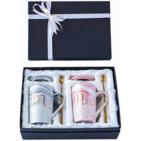 Mr and Mrs Coffee Mugs - Wedding Gifts for Bride and Groom - Gifts for Bridal Shower Engagement Wedding and Married Couples Anniversary - Ceramic Marble Cups 14 Oz Pink