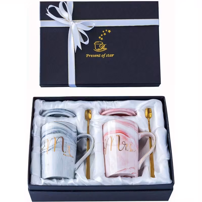 Mr and Mrs Coffee Mugs - Wedding Gifts for Bride and Groom - Gifts for Bridal Shower Engagement Wedding and Married Couples Anniversary - Ceramic Marble Cups 14 Oz Pink