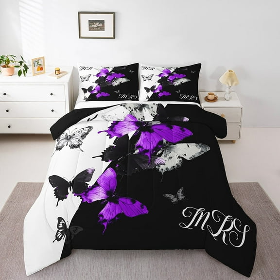 Mr Mrs Comforter Set Purple Black Butterfly Bedding Set Valentine'S Day Wedding Down Comforter Gifts For Adults Men Women Romantic Love Theme Quilt Set Room Decor 2 Pcs