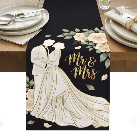 Mr Mrs Cotton Linen Table Runner Anniversary Wedding Bride and Groom Silhouette Dining Table Runners for Home Decor Party Dining Room Restaurant Kitchen Party 13" x 36"