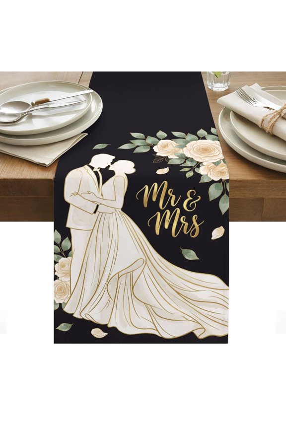 Mr Mrs Cotton Linen Table Runner Anniversary Wedding Bride and Groom Silhouette Dining Table Runners for Home Decor Party Dining Room Restaurant Kitchen Party 13" x 36"