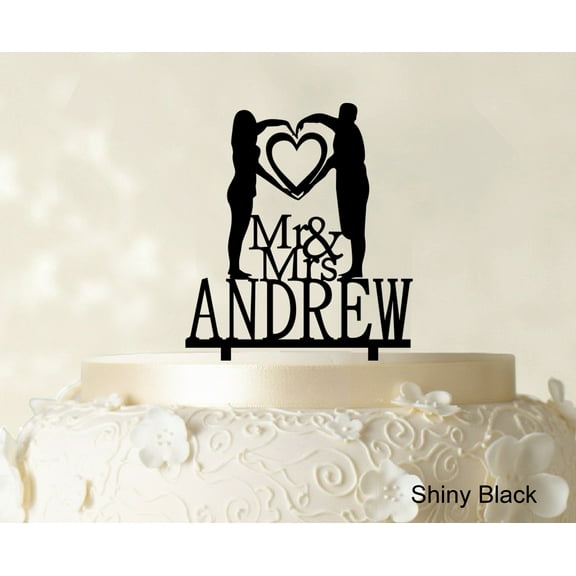 "Mr & Mrs Couple Cake Topper Personalized Shiny Black Cake Topper Color Option Available 5""-7"" Inches Wide"