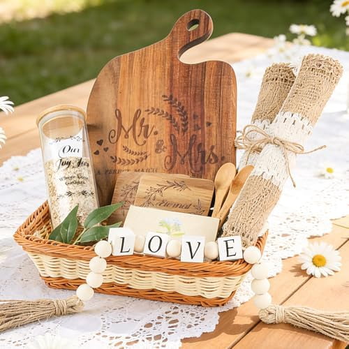 Mr and Mrs Cutting Board Basket Set Wedding Gifts for Couples, Anniversary Engagement Gift Newlyweds Gifts Kitchen Gift for Bride, Groom$$Home Decor, Kitchen, & Other