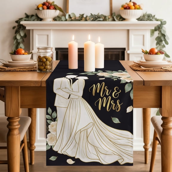 Mr Mrs Dining Table Runner, Anniversary Wedding Bride and Groom Silhouette Washable Table Runners Kitchen Coffee Table Center Decor for Home Party Holiday Wedding 13 x 70 Inches