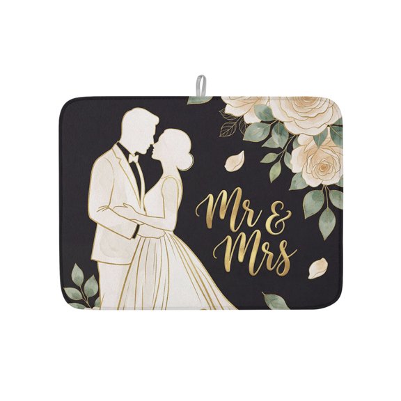 Mr Mrs Dish Drying Mat 18x24 inch Anniversary Wedding Bride and Groom Silhouette Super Absorbent Microfiber Dish Drying Pad for Kitchen Countertops Sink Dish Drainer Racks Coffee Bar Mats 1 Pack