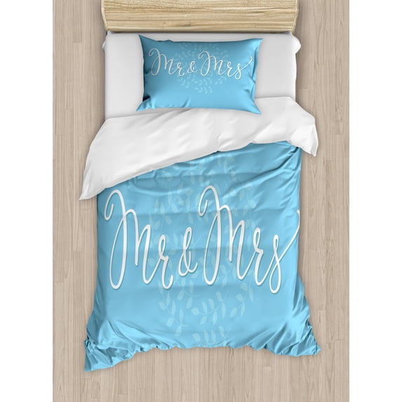 Mr Mrs Duvet Cover Set Twin Size, Romantic Wedding Themed Foliage Leaves with Mr and Mrs Quote on Pastel Backdrop, Decorative 2 Piece Bedding Set with 1 Pillow Sham, Pale Blue White, by Ambesonne