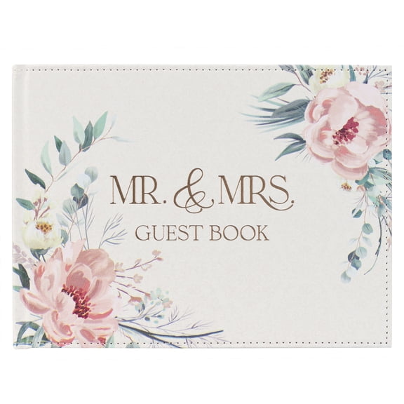 Mr. & Mrs. Floral Wedding Guest Book - We Love Because He First Loved Us - 1 John 4:19 Inspirational Scripture Vegan Leather, Medium Pink & White