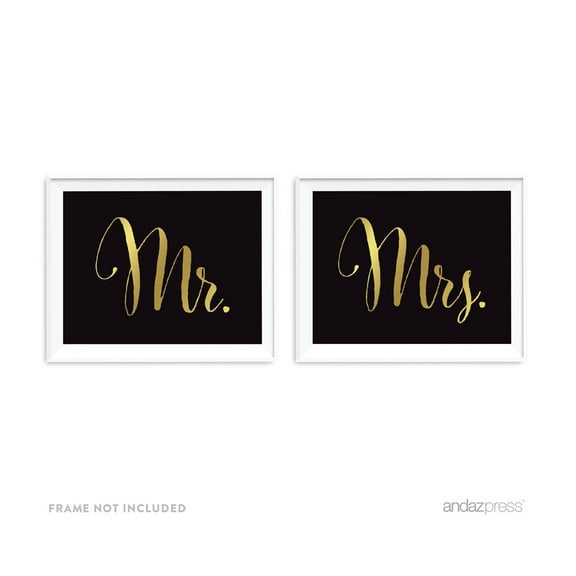 Mr. & Mrs. Gold Black and Metallic Gold Wedding Signs, 2-Pack
