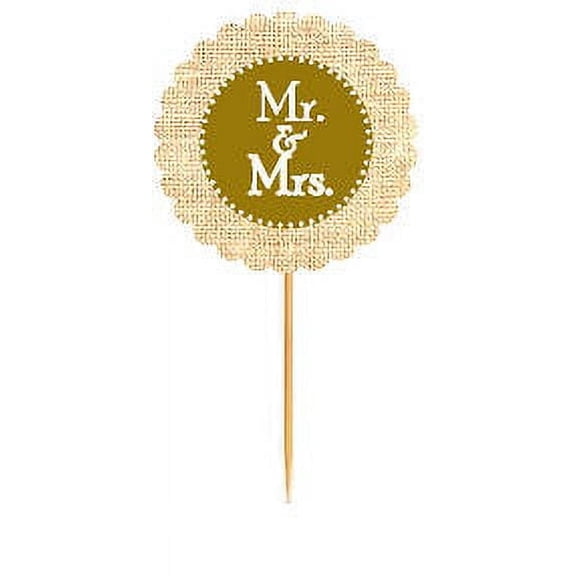Mr & Mrs Gold Rustic Burlap Wedding Cupcake Decoration Topper Food Picks