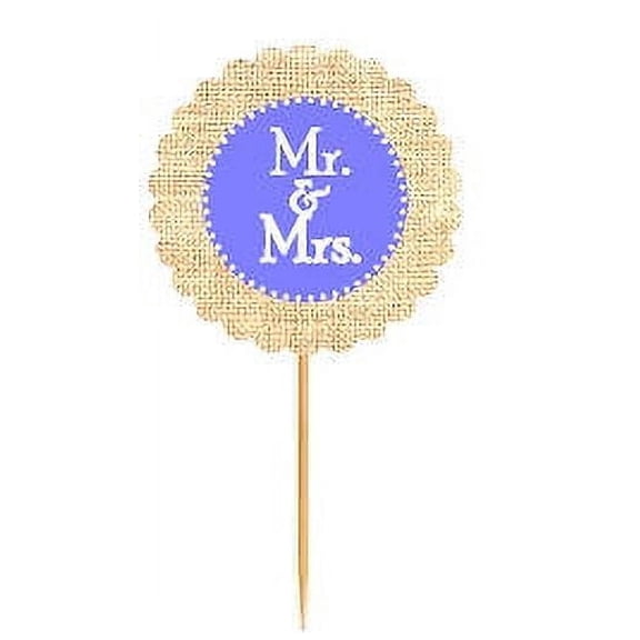 Mr & Mrs Gray Blue Rustic Burlap Wedding Cupcake Decoration Topper Food Picks