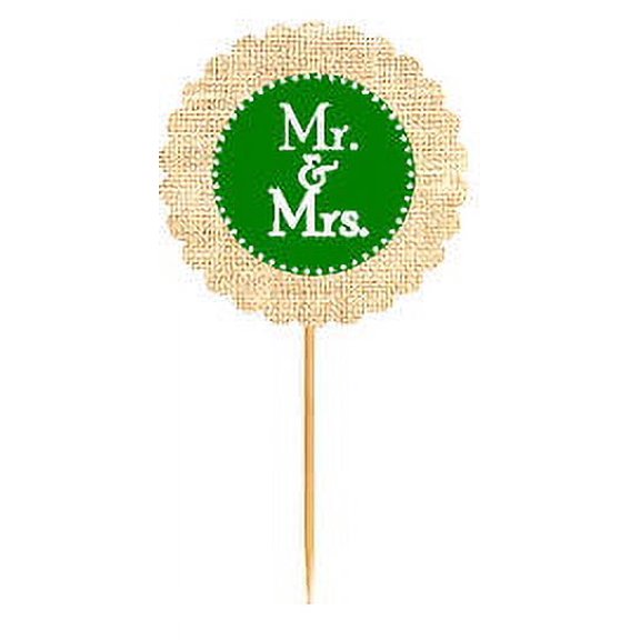 Mr & Mrs Green Rustic Burlap Wedding Cupcake Decoration Topper Food Picks