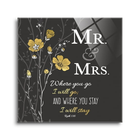 Mr. & Mrs. Grey Golden Floral 24 x 24 Glass Wall Hanging Sign