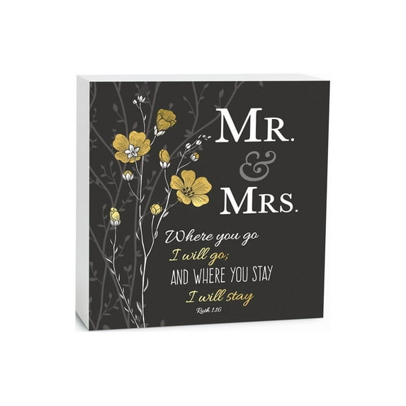Mr. & Mrs. Grey Golden Floral 5 x 5 Wood Tabletop Sign Plaque