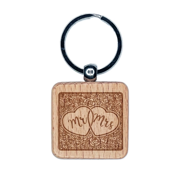 Mr & Mrs Intertwined Hearts With Flower Background Wedding Square Keychain Charm Tag - Engraved Wood