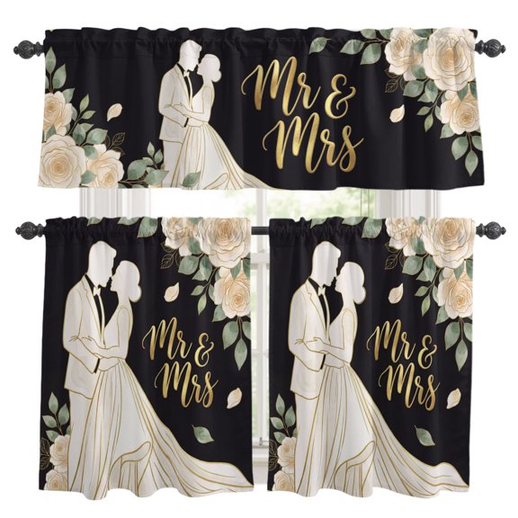Mr Mrs Kitchen Curtains Set for Windows, Anniversary Wedding Bride and Groom Silhouette Curtains Valance and Tier 3 Piece Set Small Drapes 36 Inch Length for Kitchen Bedroom Decor